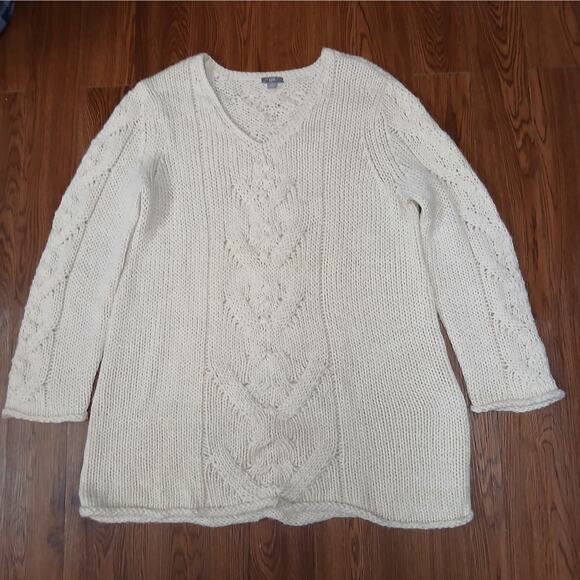 J. Jill SZ L Wool Alpaca Blend V Neck Cable Knit Tunic Length Fisherman Sweater - Picture 8 of 8
